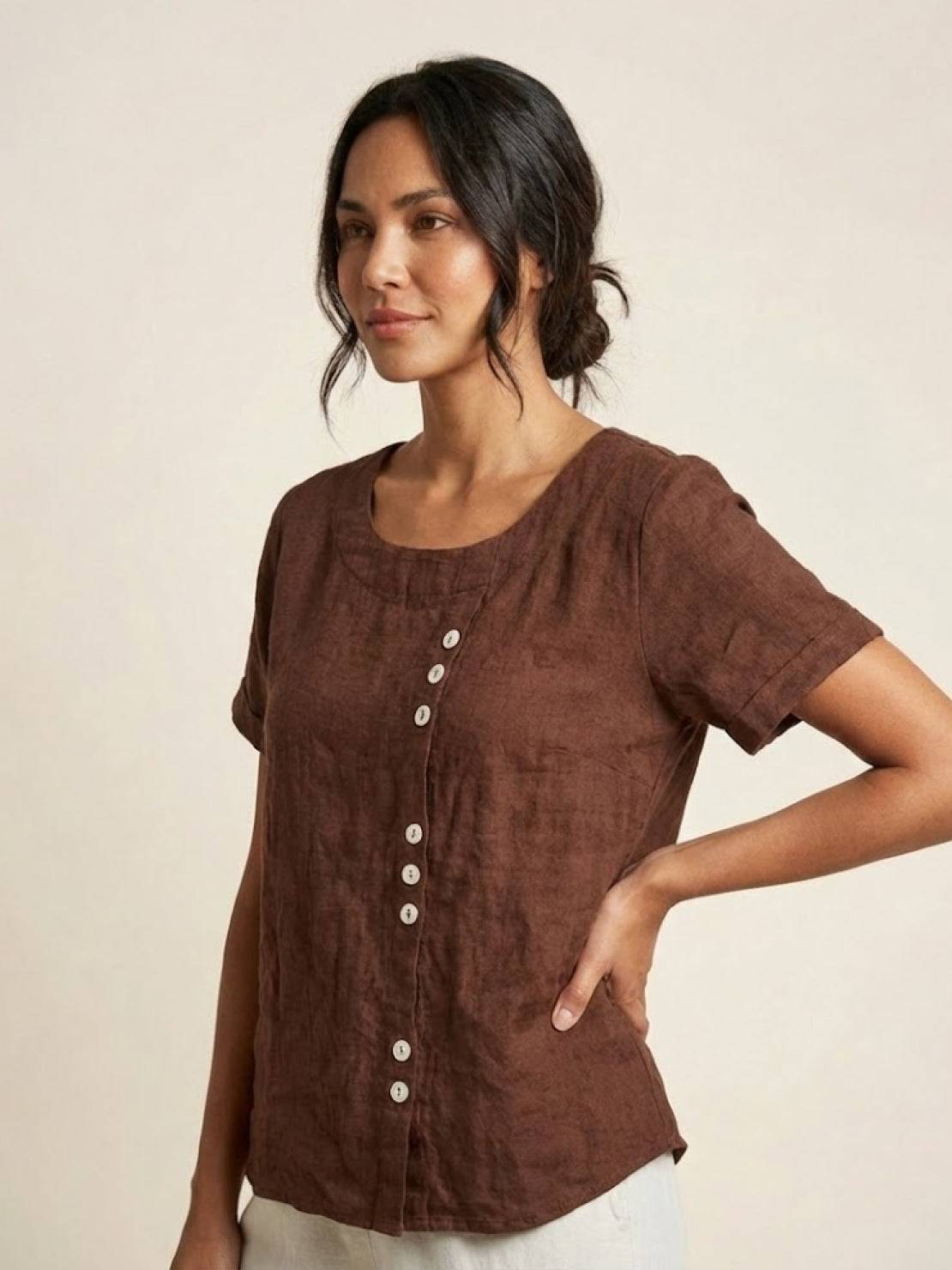 Women's Short Sleeve Top with Scoop Neck and Button Detail