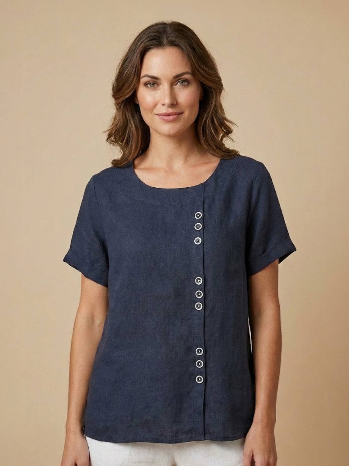 Women's Short Sleeve Top with Scoop Neck and Button Detail