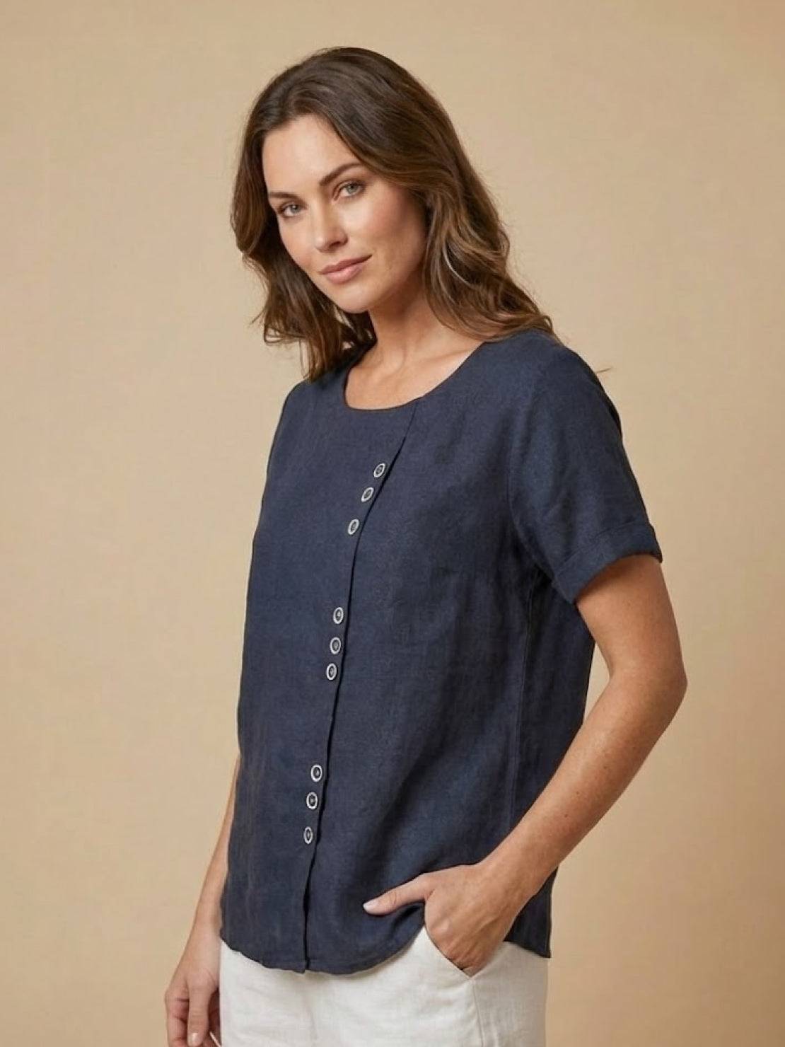 Women's Short Sleeve Top with Scoop Neck and Button Detail