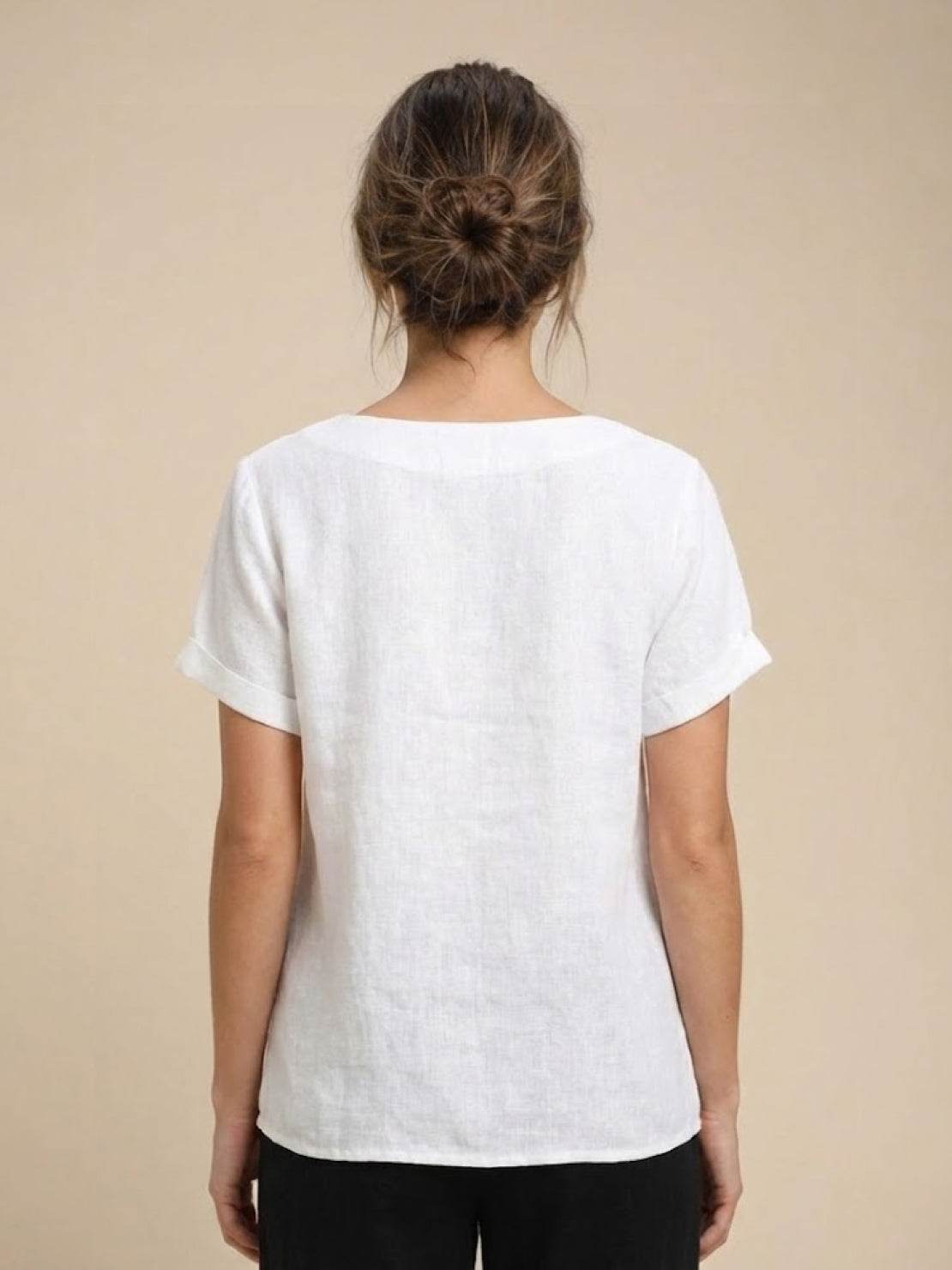 Women's Short Sleeve Top with Scoop Neck and Button Detail