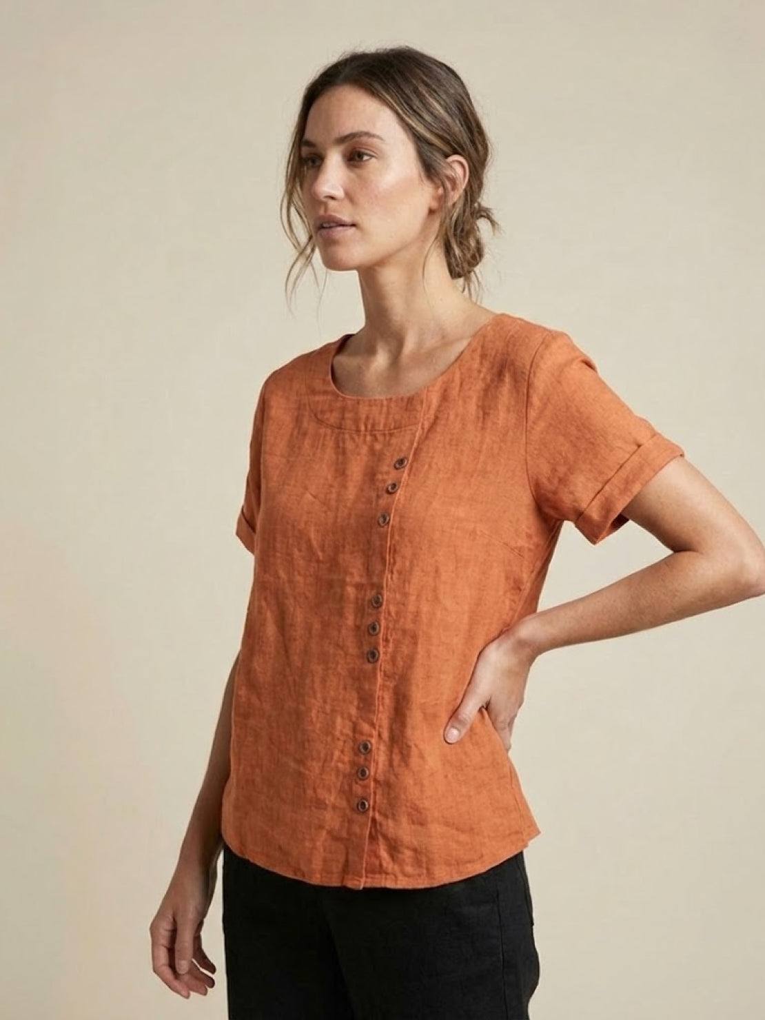 Women's Short Sleeve Top with Scoop Neck and Button Detail