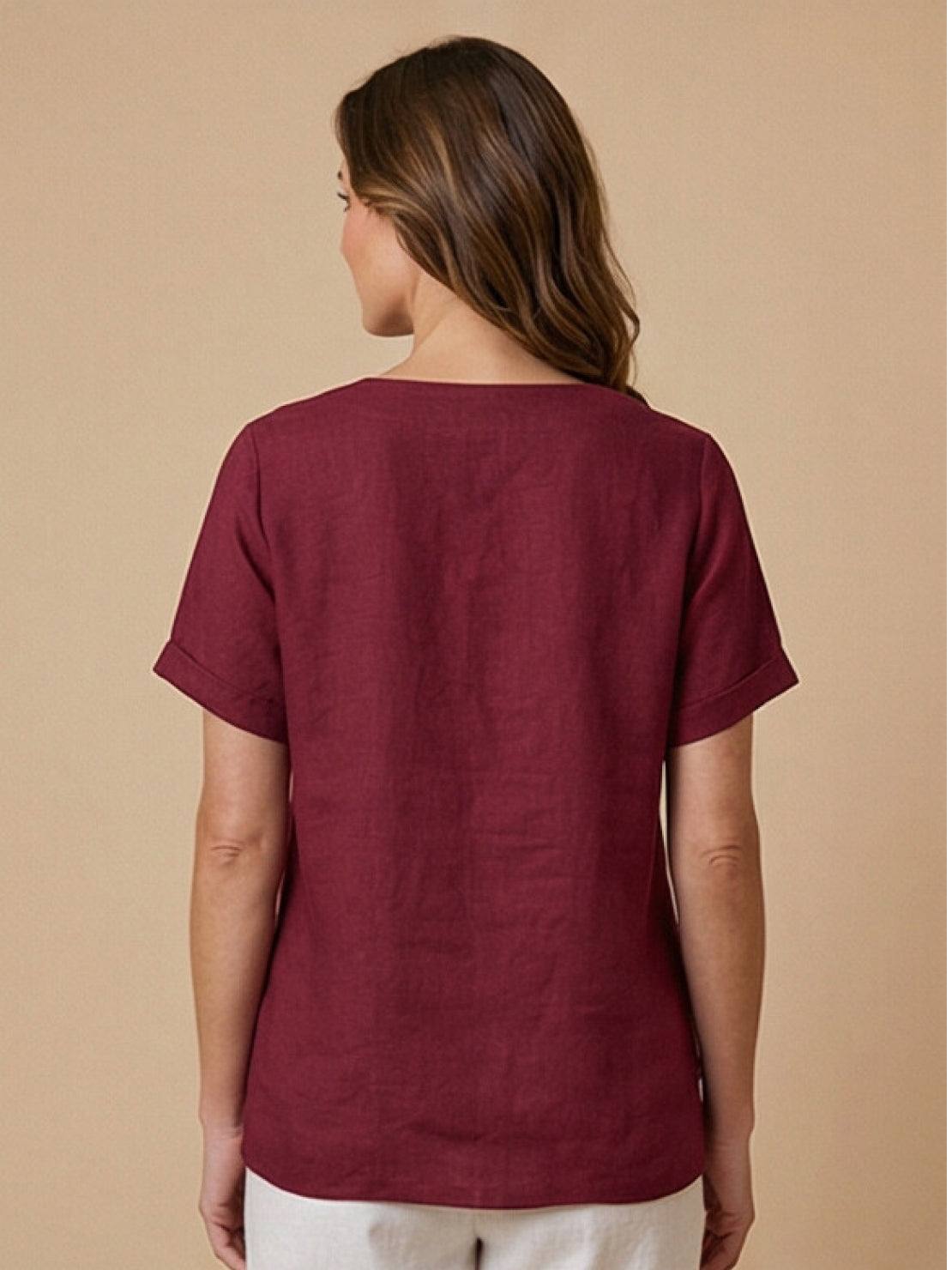Women's Short Sleeve Top with Scoop Neck and Button Detail