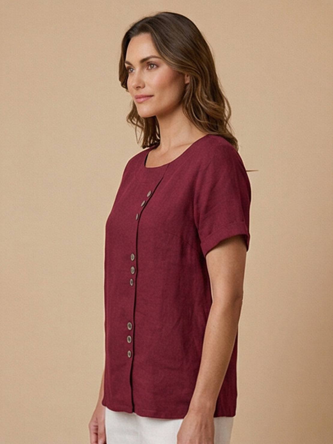 Women's Short Sleeve Top with Scoop Neck and Button Detail