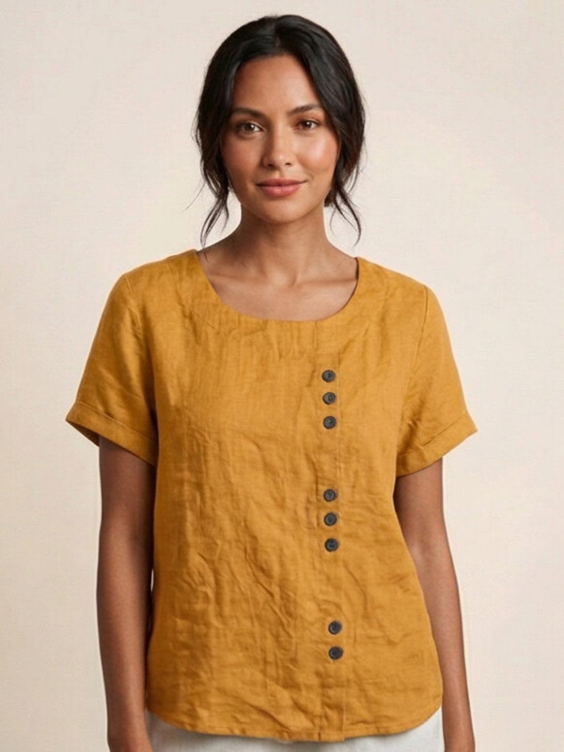Women's Short Sleeve Top with Scoop Neck and Button Detail