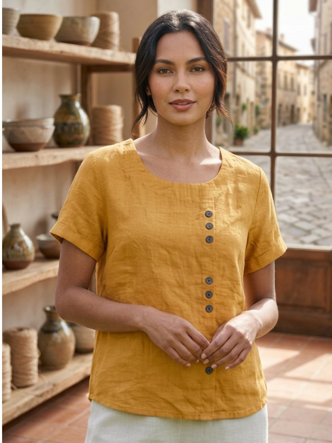 Women's Short Sleeve Top with Scoop Neck and Button Detail