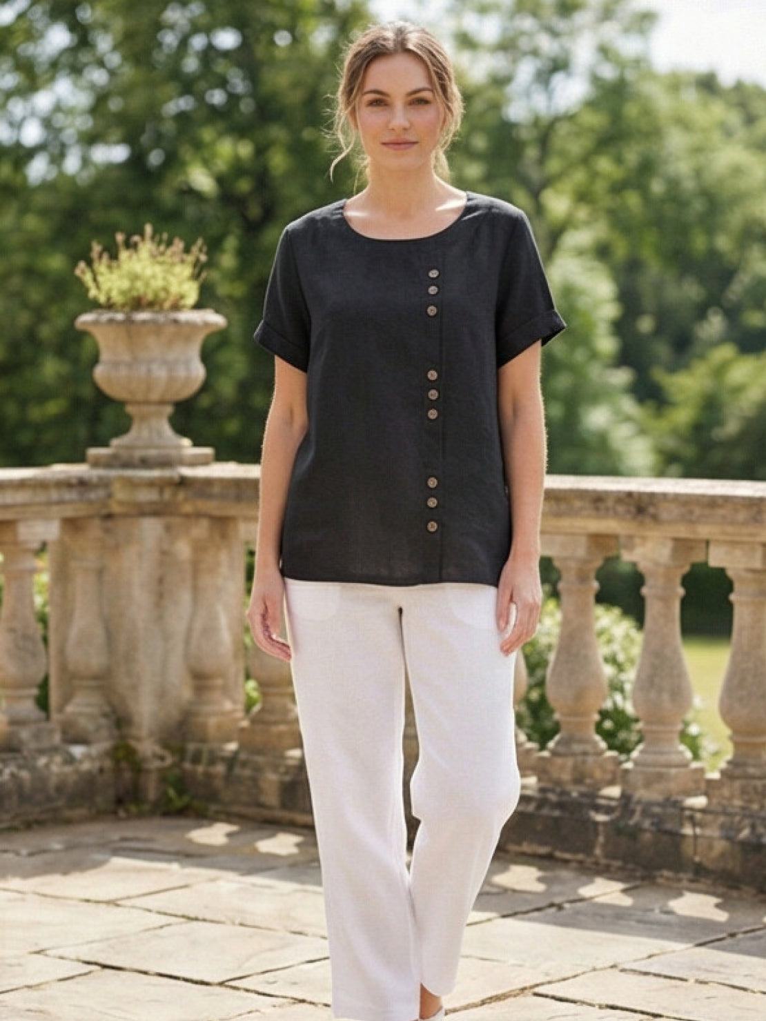 Women's Short Sleeve Top with Scoop Neck and Button Detail