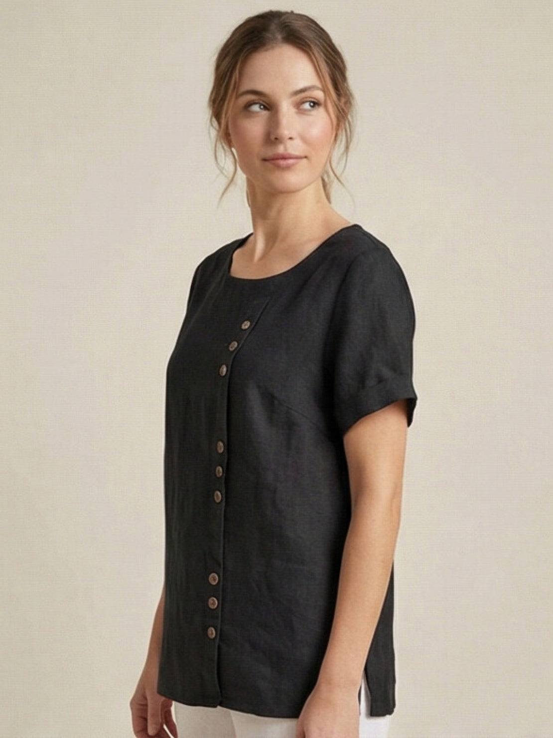 Women's Short Sleeve Top with Scoop Neck and Button Detail