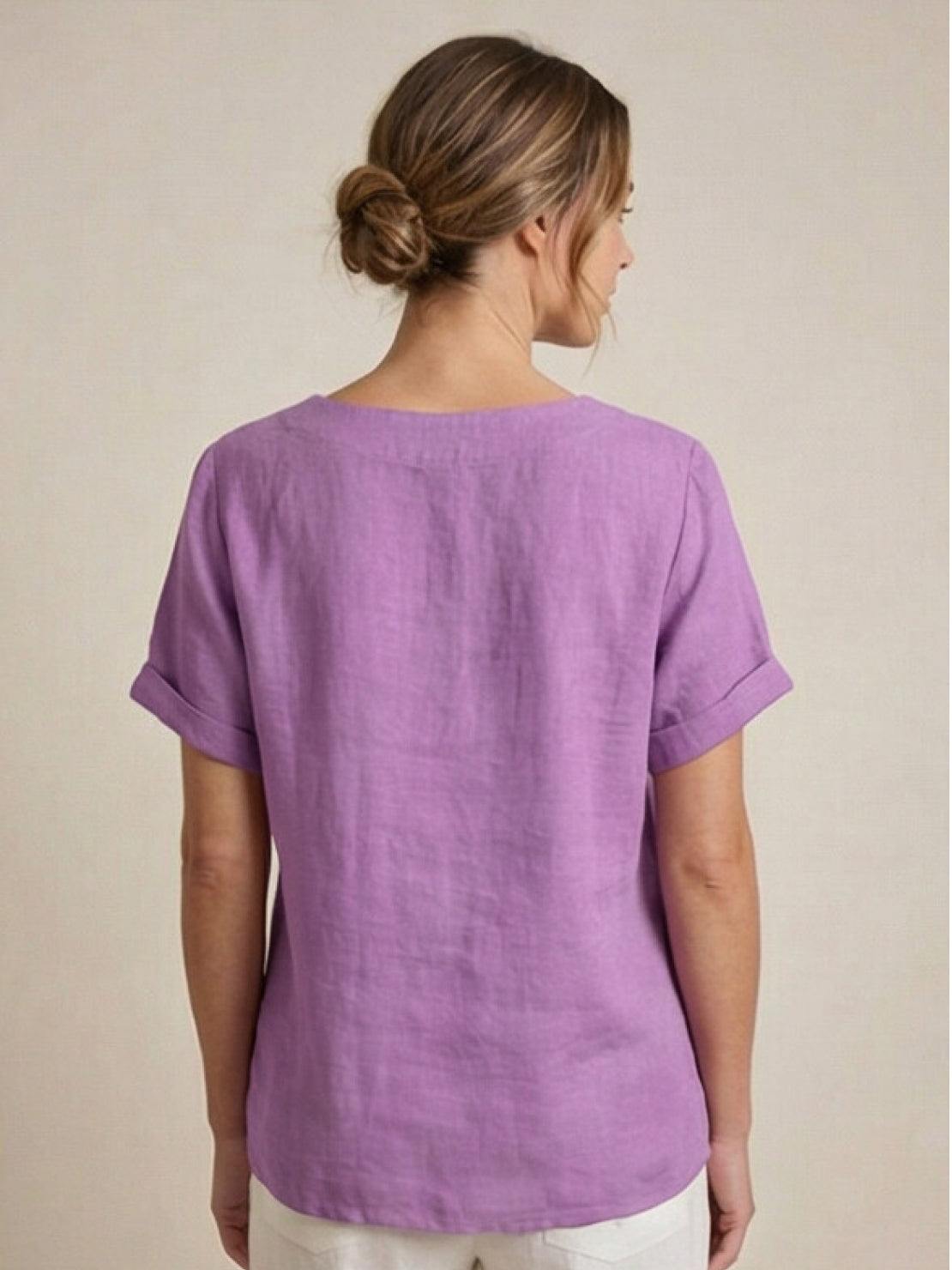 Women's Short Sleeve Top with Scoop Neck and Button Detail