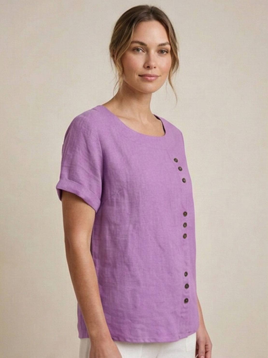 Women's Short Sleeve Top with Scoop Neck and Button Detail