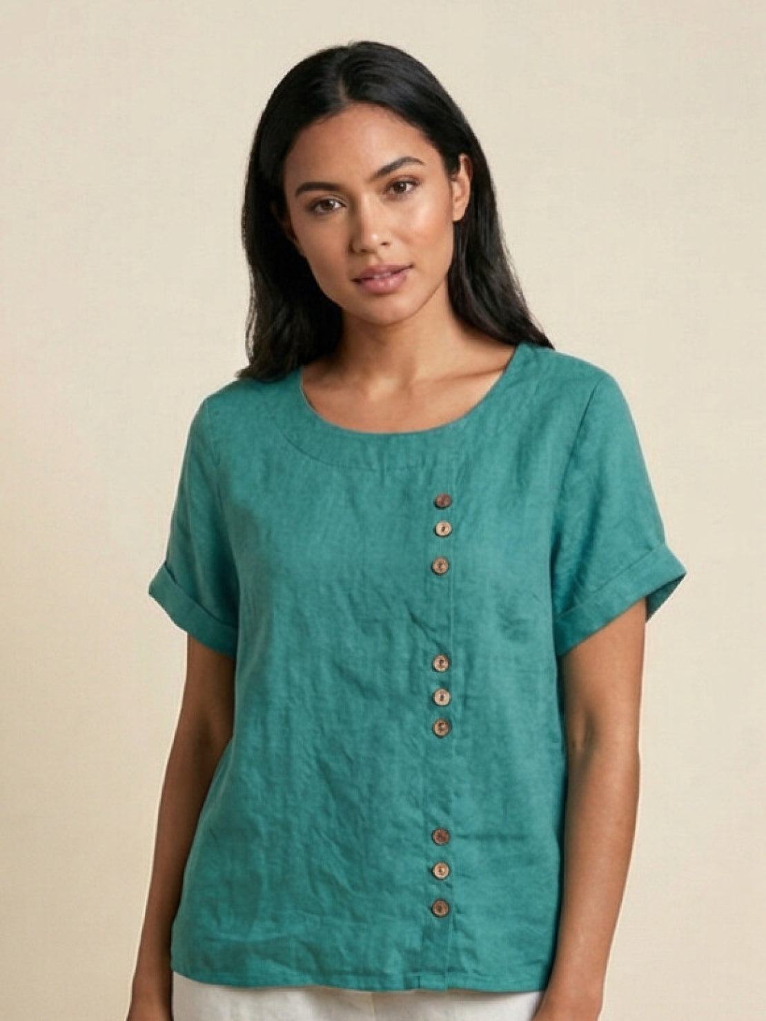 Women's Short Sleeve Top with Scoop Neck and Button Detail