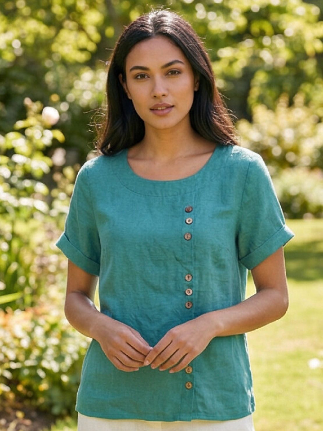 Women's Short Sleeve Top with Scoop Neck and Button Detail