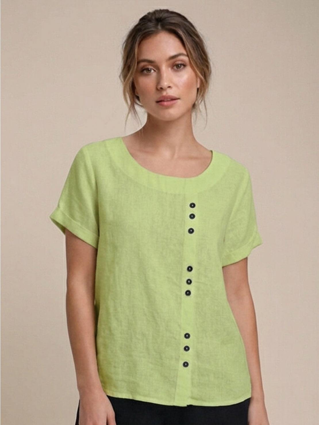 Women's Short Sleeve Top with Scoop Neck and Button Detail