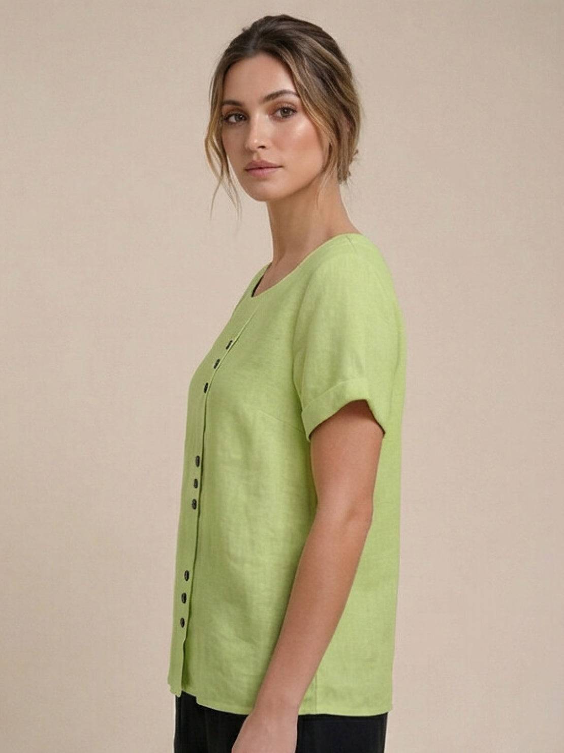 Women's Short Sleeve Top with Scoop Neck and Button Detail