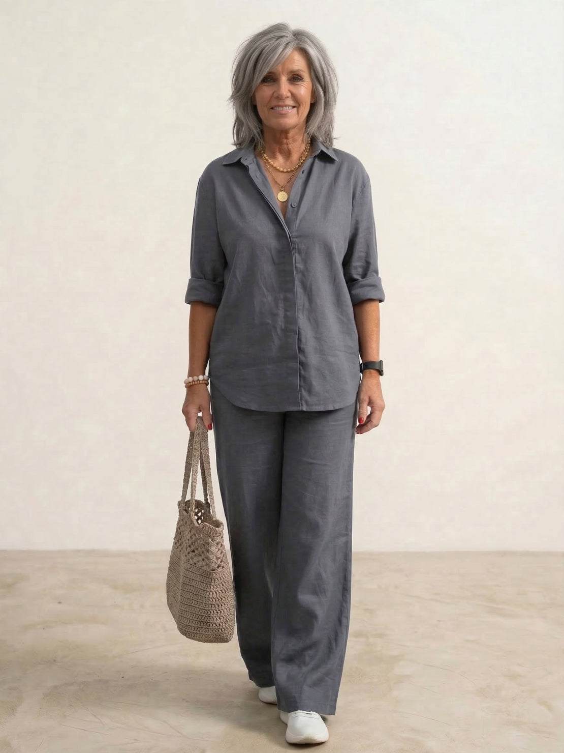 Women's Button-Down Shirt with Wide-Leg Trousers Set