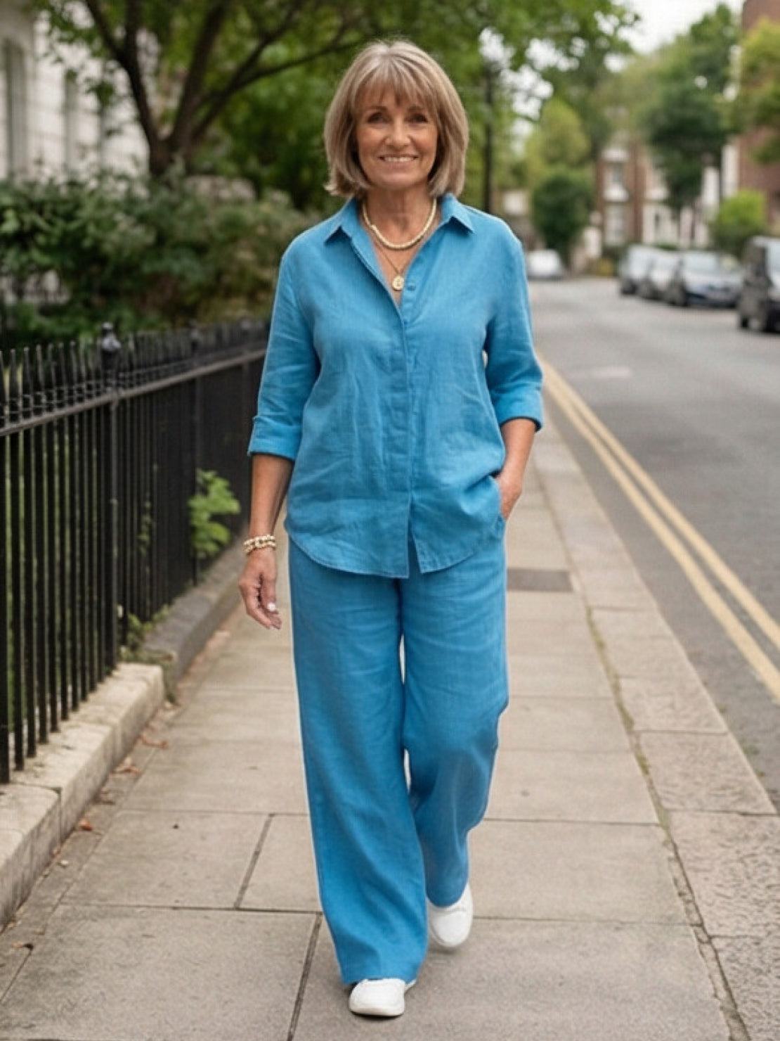 Women's Button-Down Shirt with Wide-Leg Trousers Set
