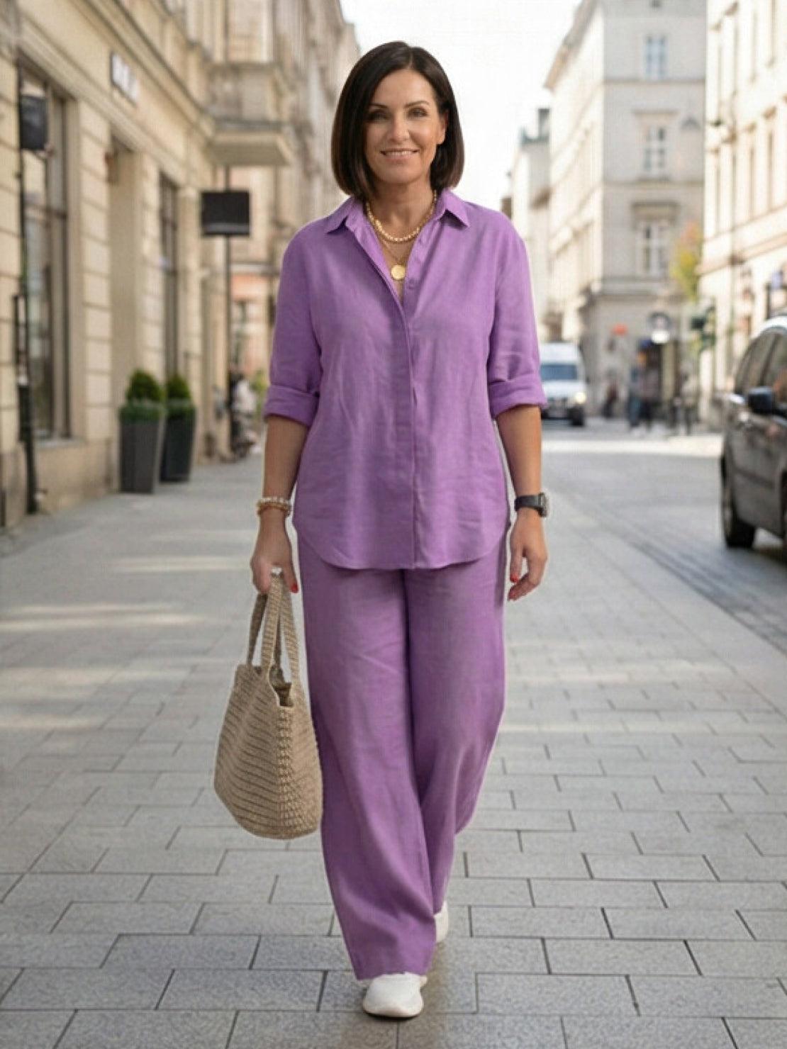 Women's Button-Down Shirt with Wide-Leg Trousers Set