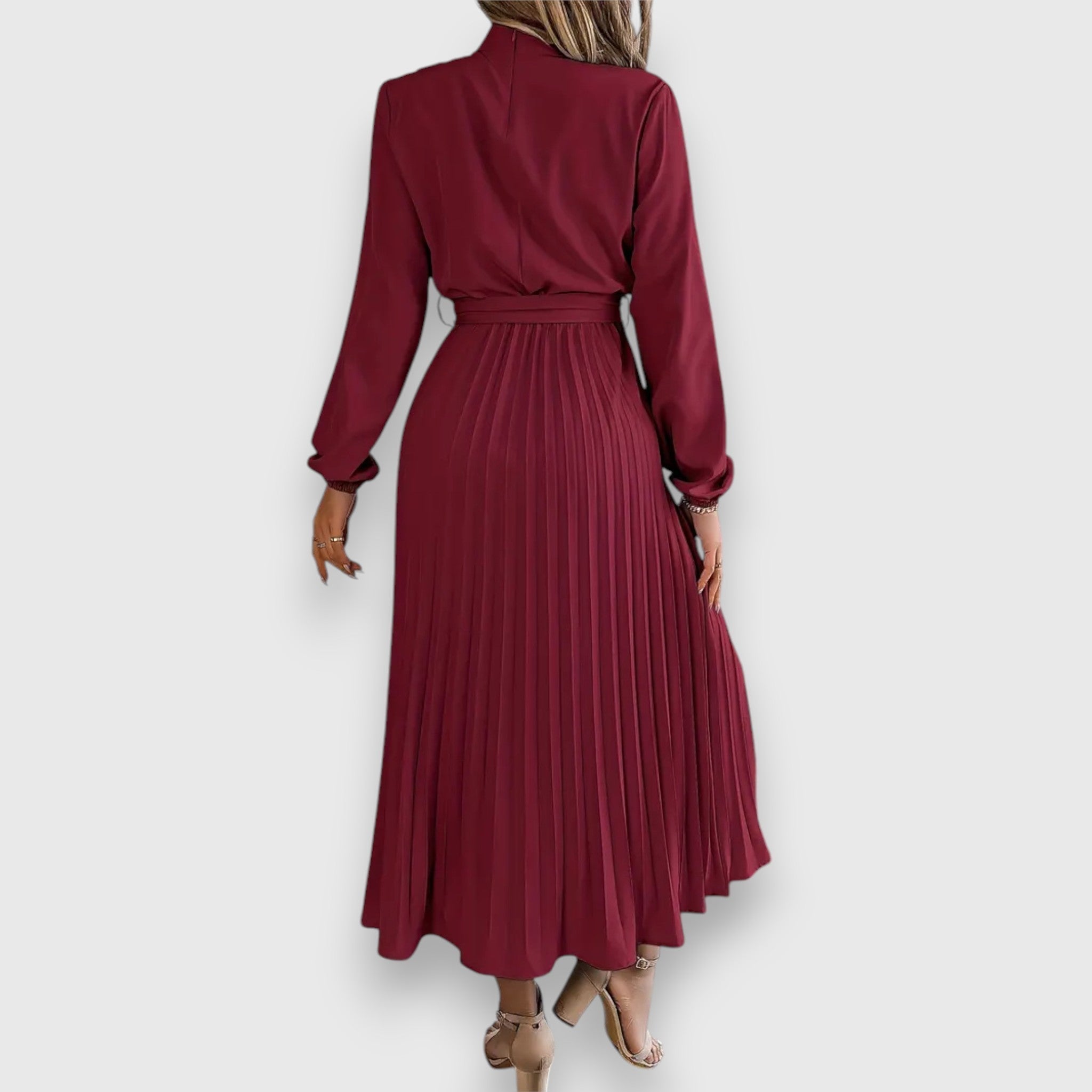 Women's Pleated Midi Dress with Flared Skirt and Sleeveless Design