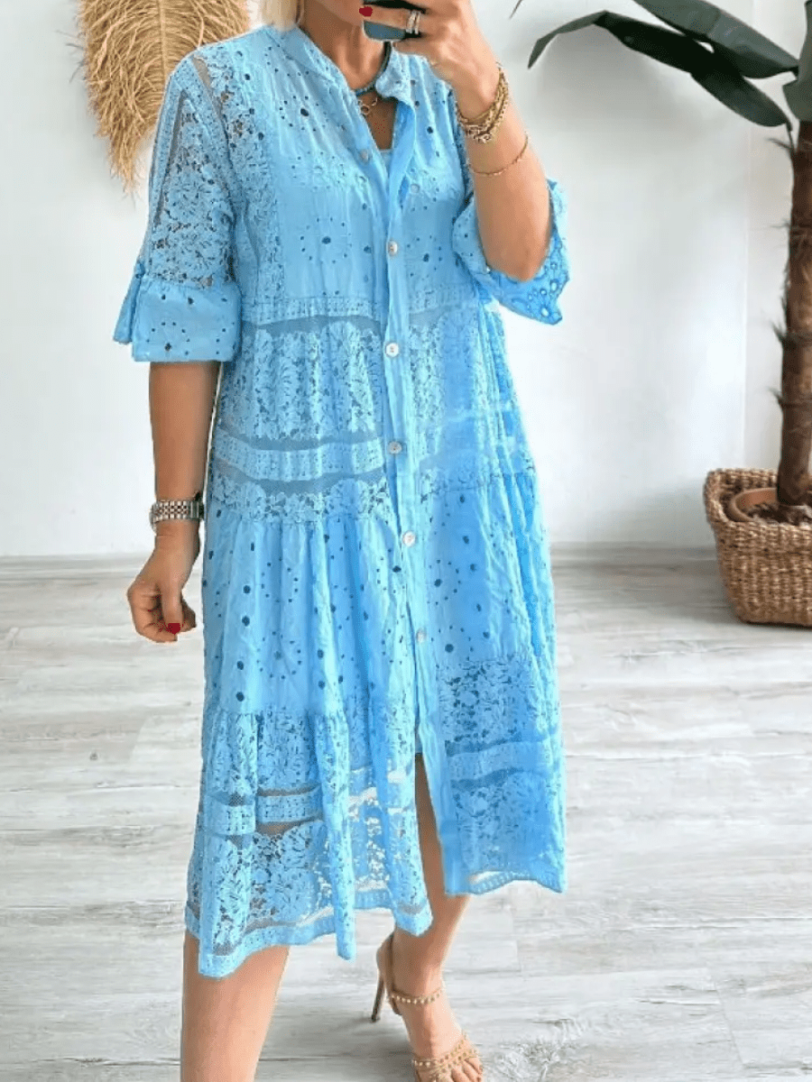 Women's Floral Midi Dress with Short Sleeves and A-Line Silhouette