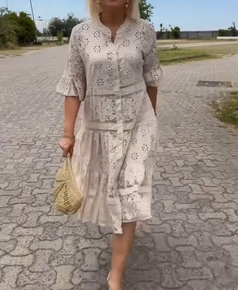 Women's Floral Midi Dress with Short Sleeves and A-Line Silhouette