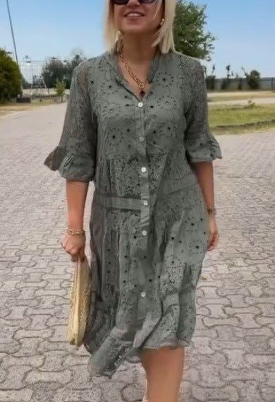 Women's Floral Midi Dress with Short Sleeves and A-Line Silhouette