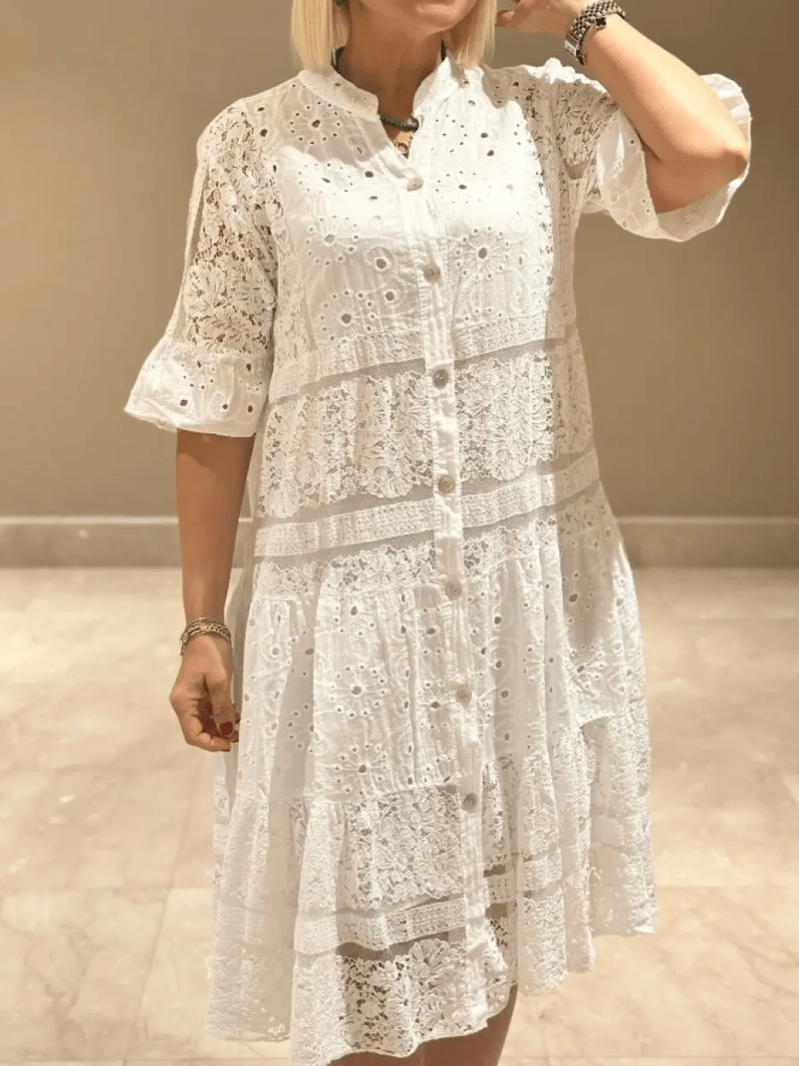 Women's Floral Midi Dress with Short Sleeves and A-Line Silhouette