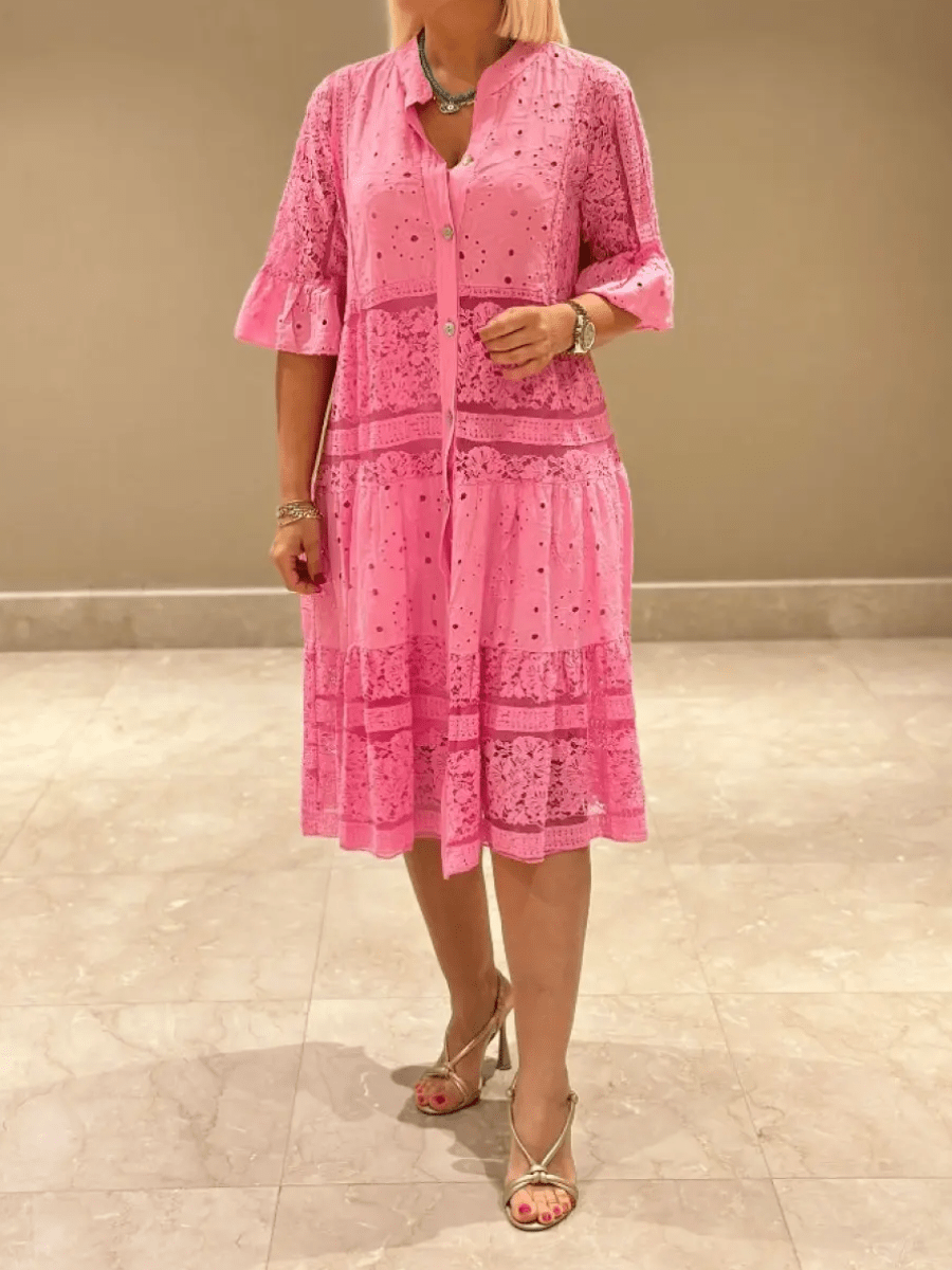 Women's Floral Midi Dress with Short Sleeves and A-Line Silhouette