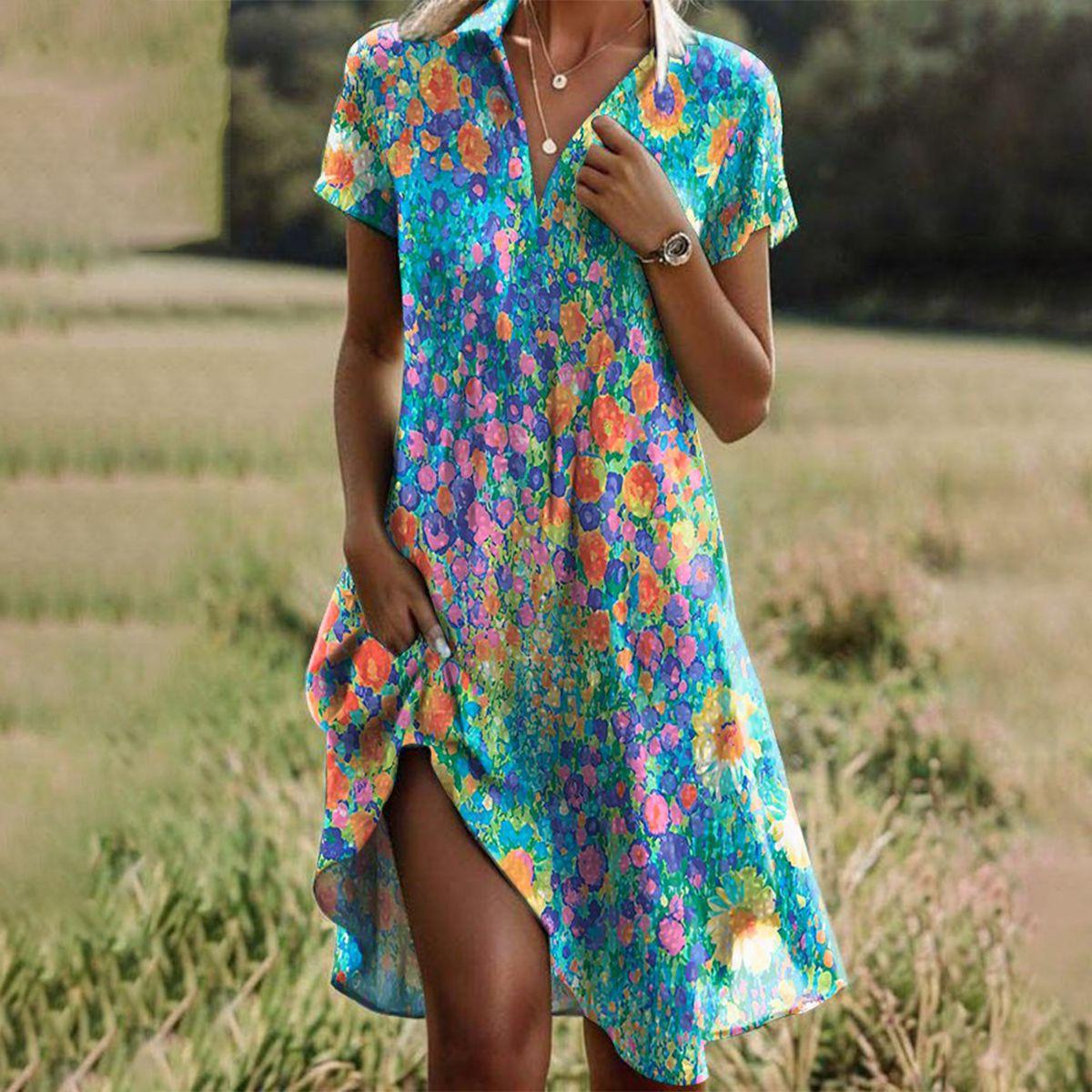 Women's Bohemian Summer Dress with Flowing Skirt and Adjustable Straps