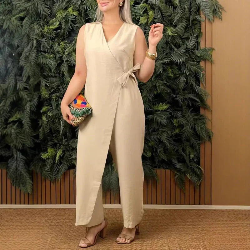 Women's Wide Leg Jumpsuit with Wrap V-Neck and Belt