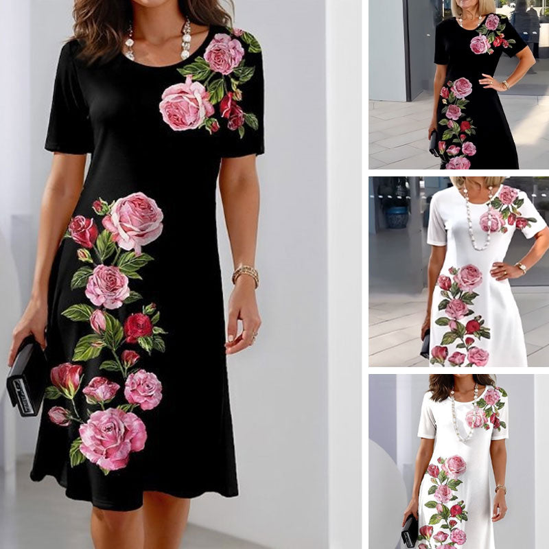 Women's Floral Print Dress with Short Sleeves and A-Line Silhouette