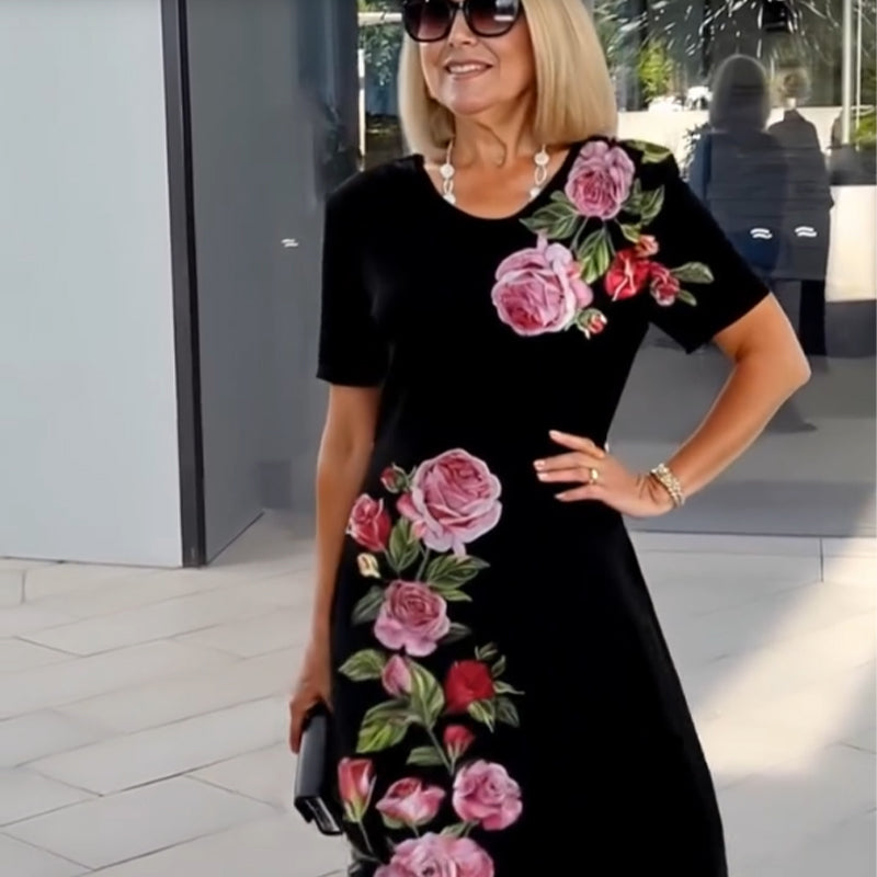 Women's Floral Print Dress with Short Sleeves and A-Line Silhouette