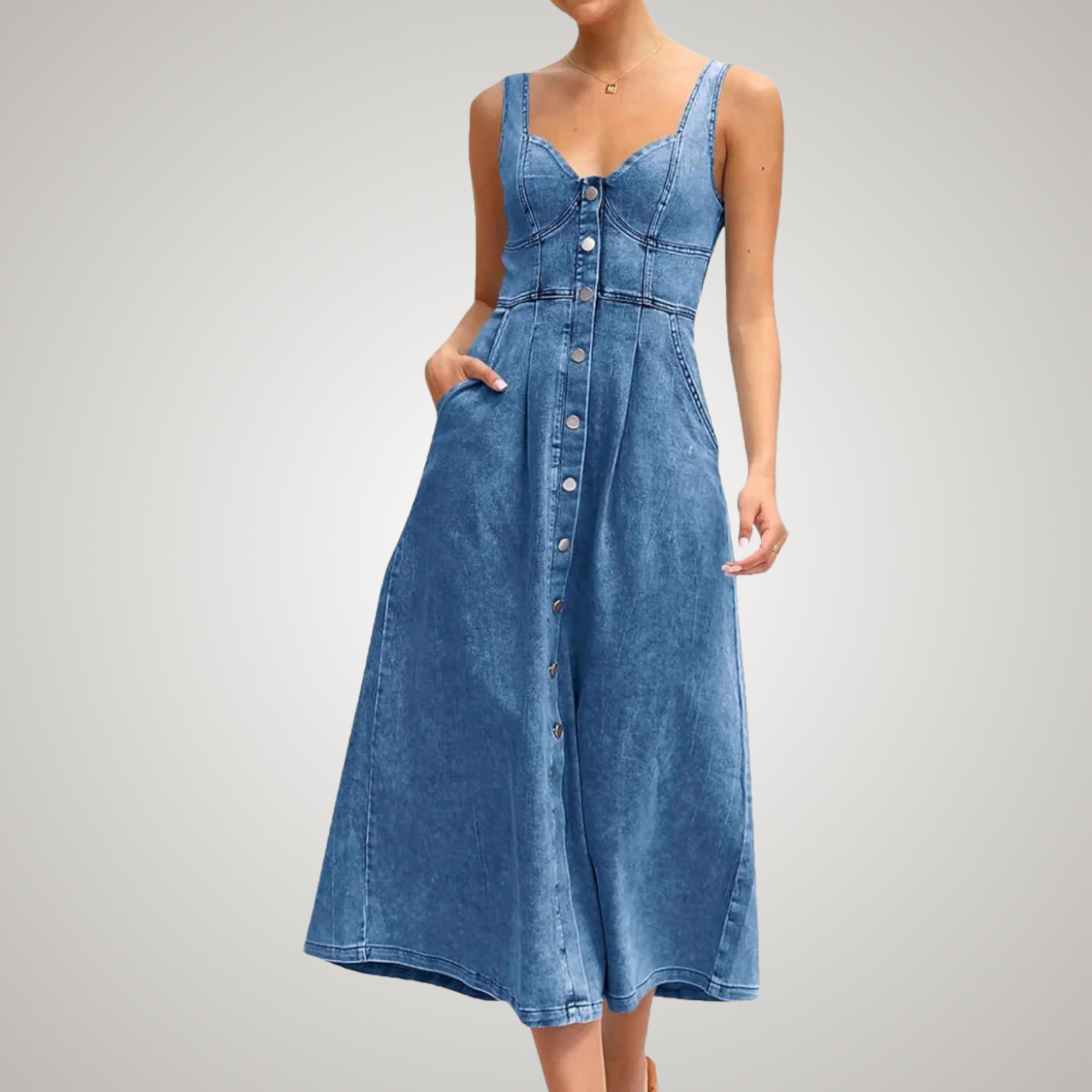 Women's Sleeveless Denim Dress with Button Front and Classic Style