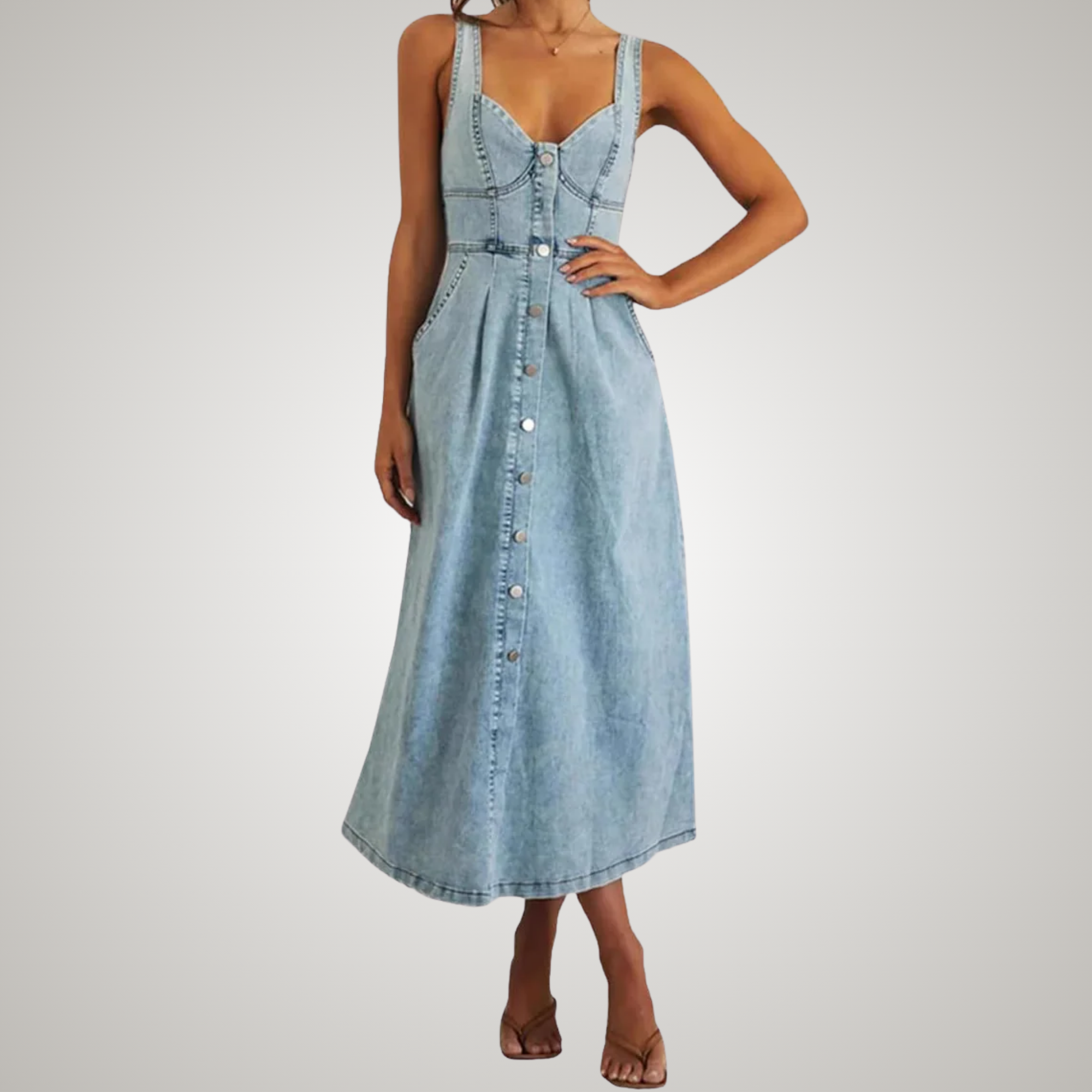 Women's Sleeveless Denim Dress with Button Front and Classic Style