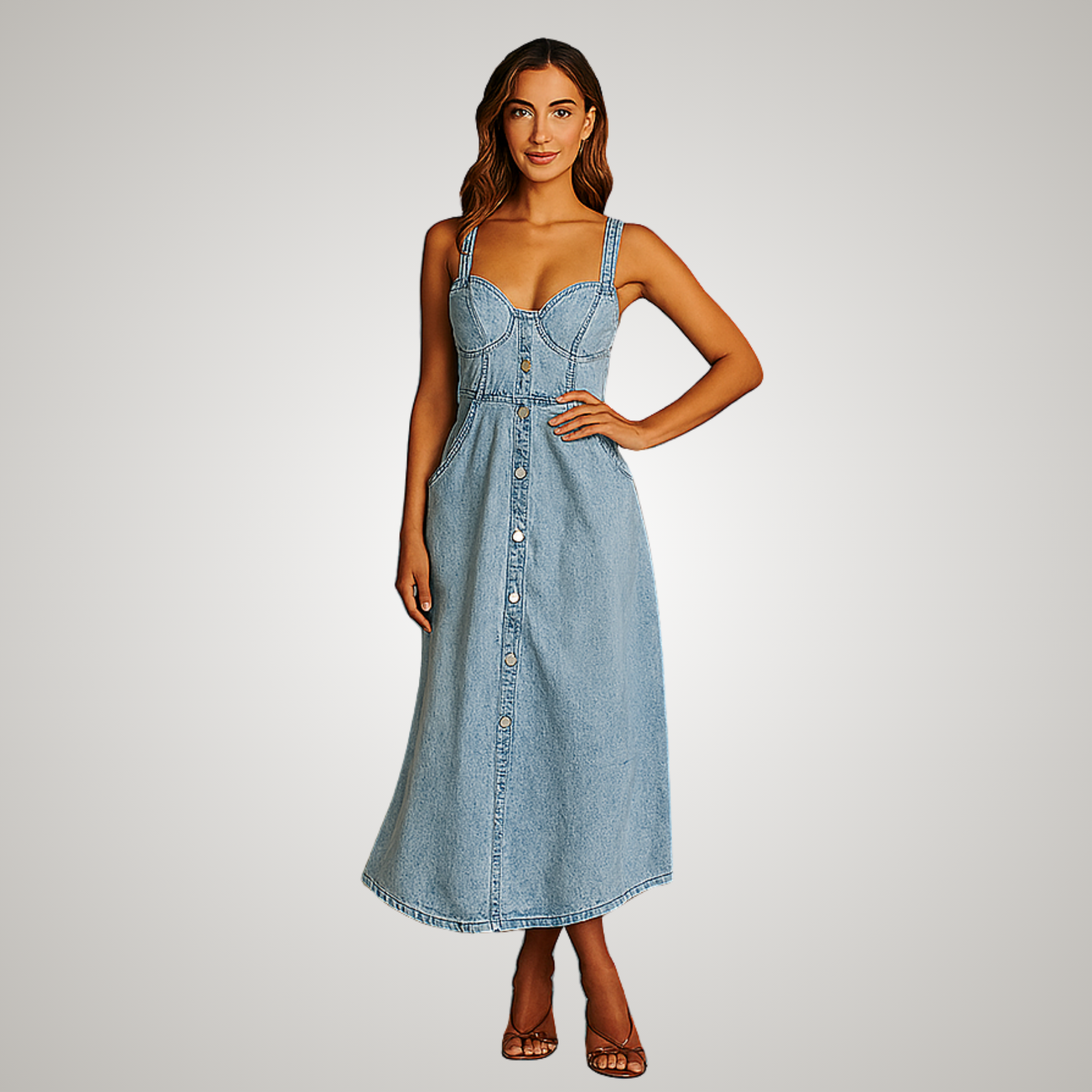 Women's Sleeveless Denim Dress with Button Front and Classic Style