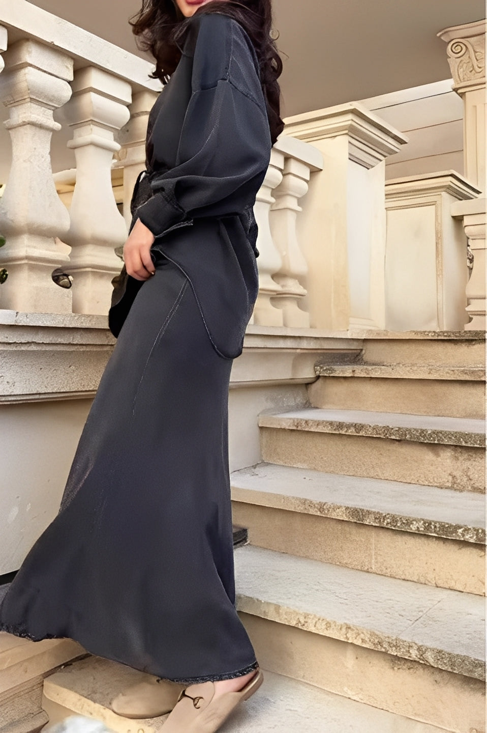 Women's Long-Sleeved Shirt and Skirt Set with Tie-Drawstring and Coordinated Design
