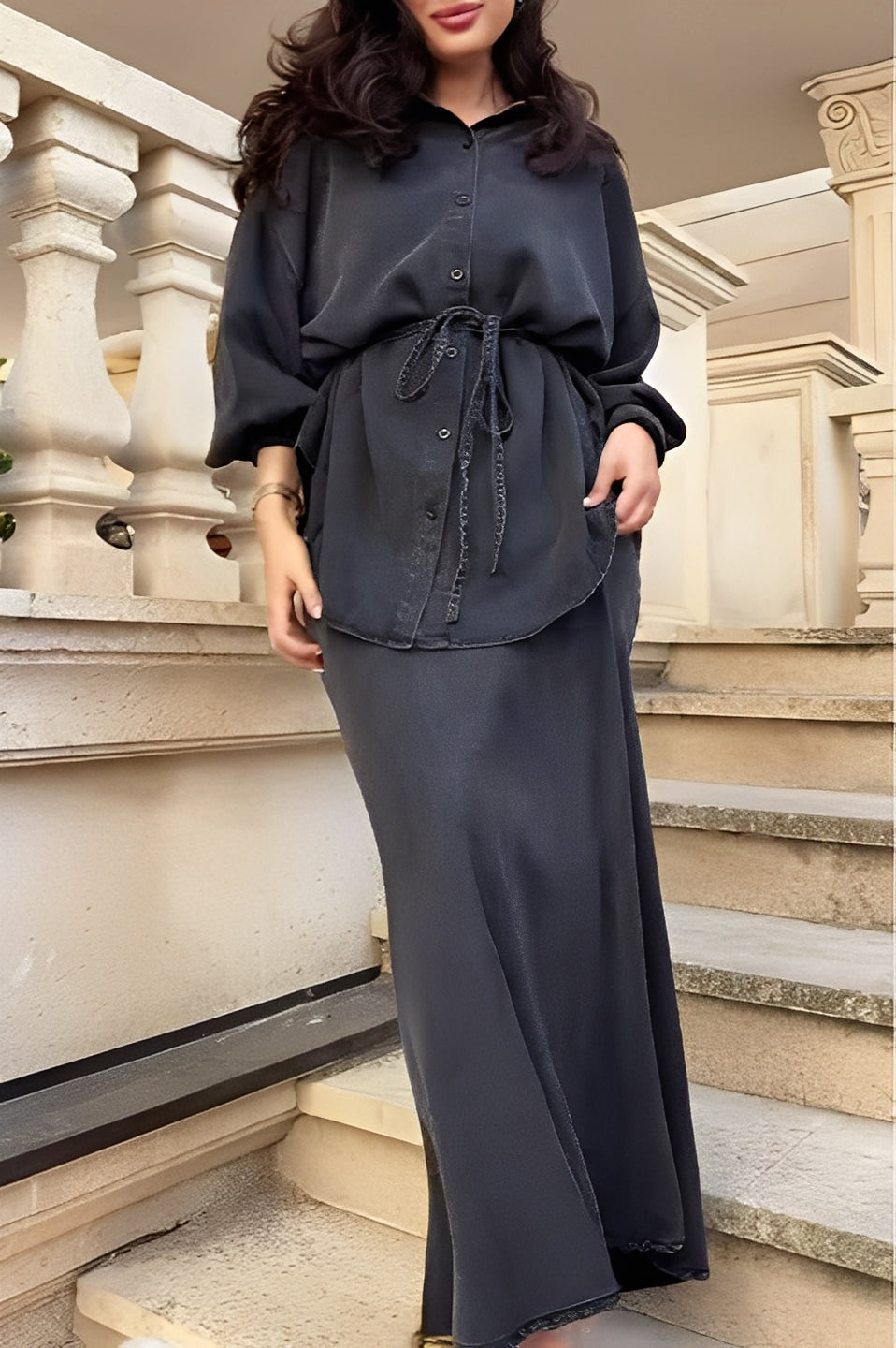 Women's Long-Sleeved Shirt and Skirt Set with Tie-Drawstring and Coordinated Design