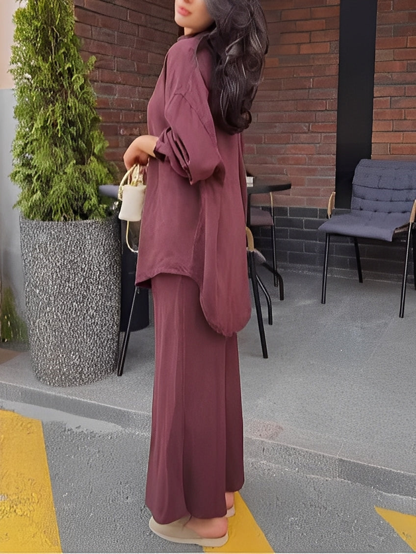 Women's Long-Sleeved Shirt and Skirt Set with Tie-Drawstring and Coordinated Design