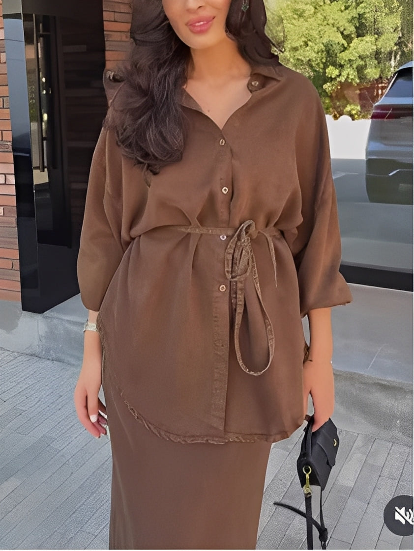 Women's Long-Sleeved Shirt and Skirt Set with Tie-Drawstring and Coordinated Design
