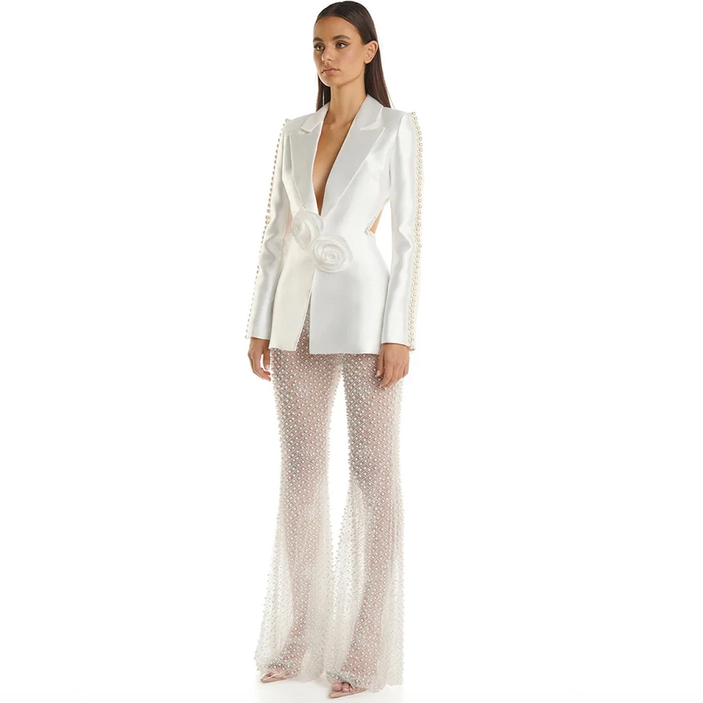 Women's Peak Lapel Blazer and Flared Sheer Pants Set | Rose Appliques and Bead Trim