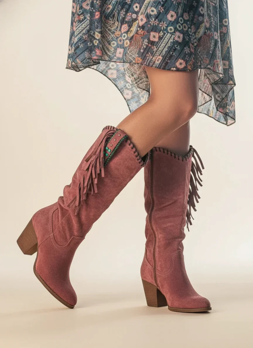 Women's orthopedic suede knee-high western boots with fringe and block heel