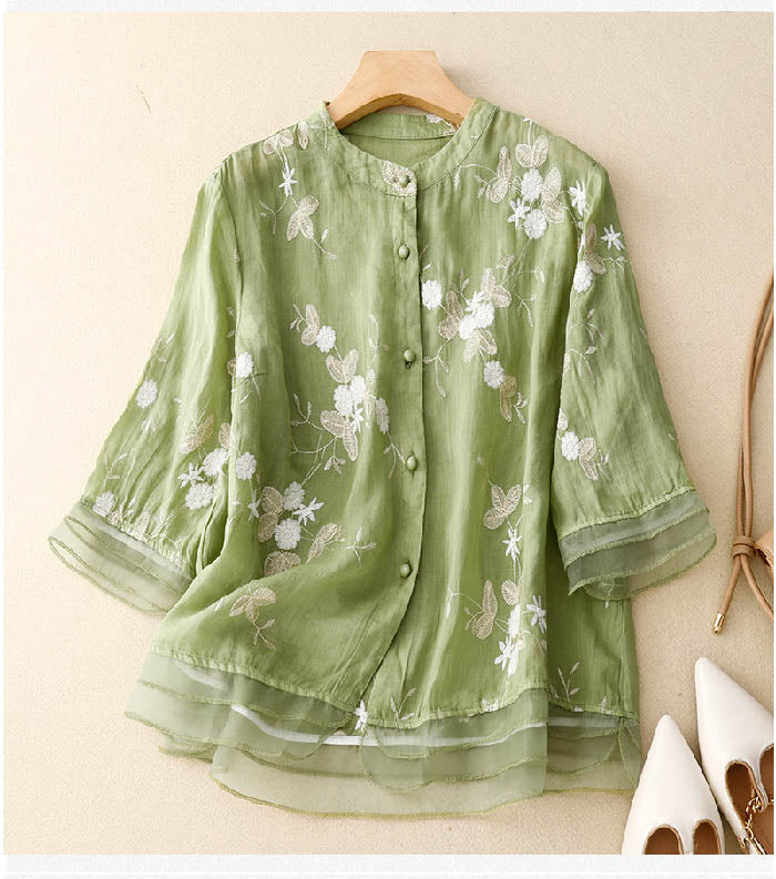 Women's Blouse with Floral Accents and Lightweight Fabric