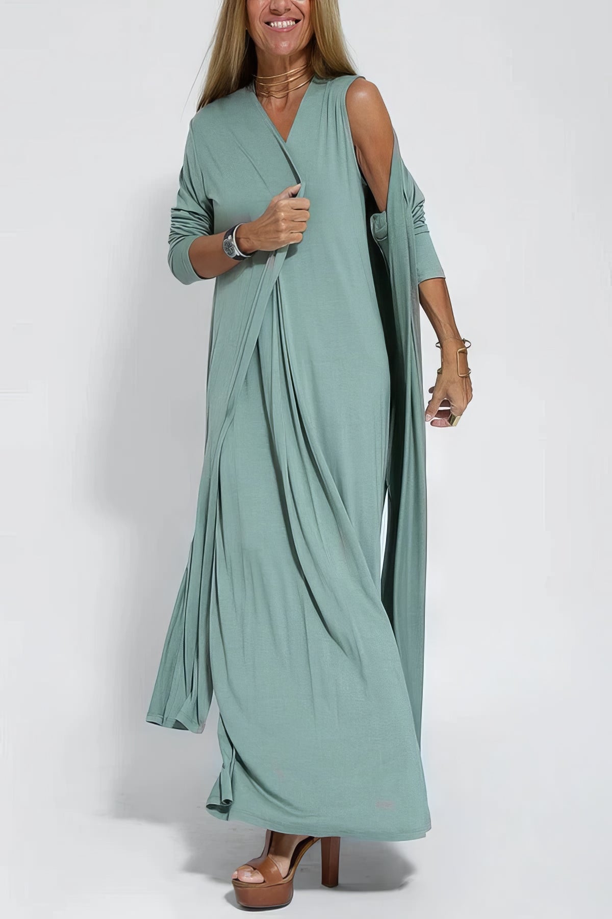 Women's Long Dress with Coordinated Cardigan and Versatile Style